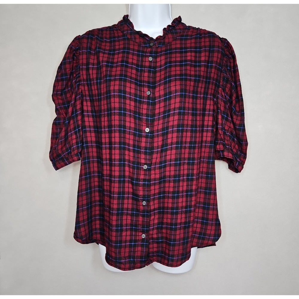Gap Womens Red Plaid Button Up Puff Sleeve Blouse Size Large